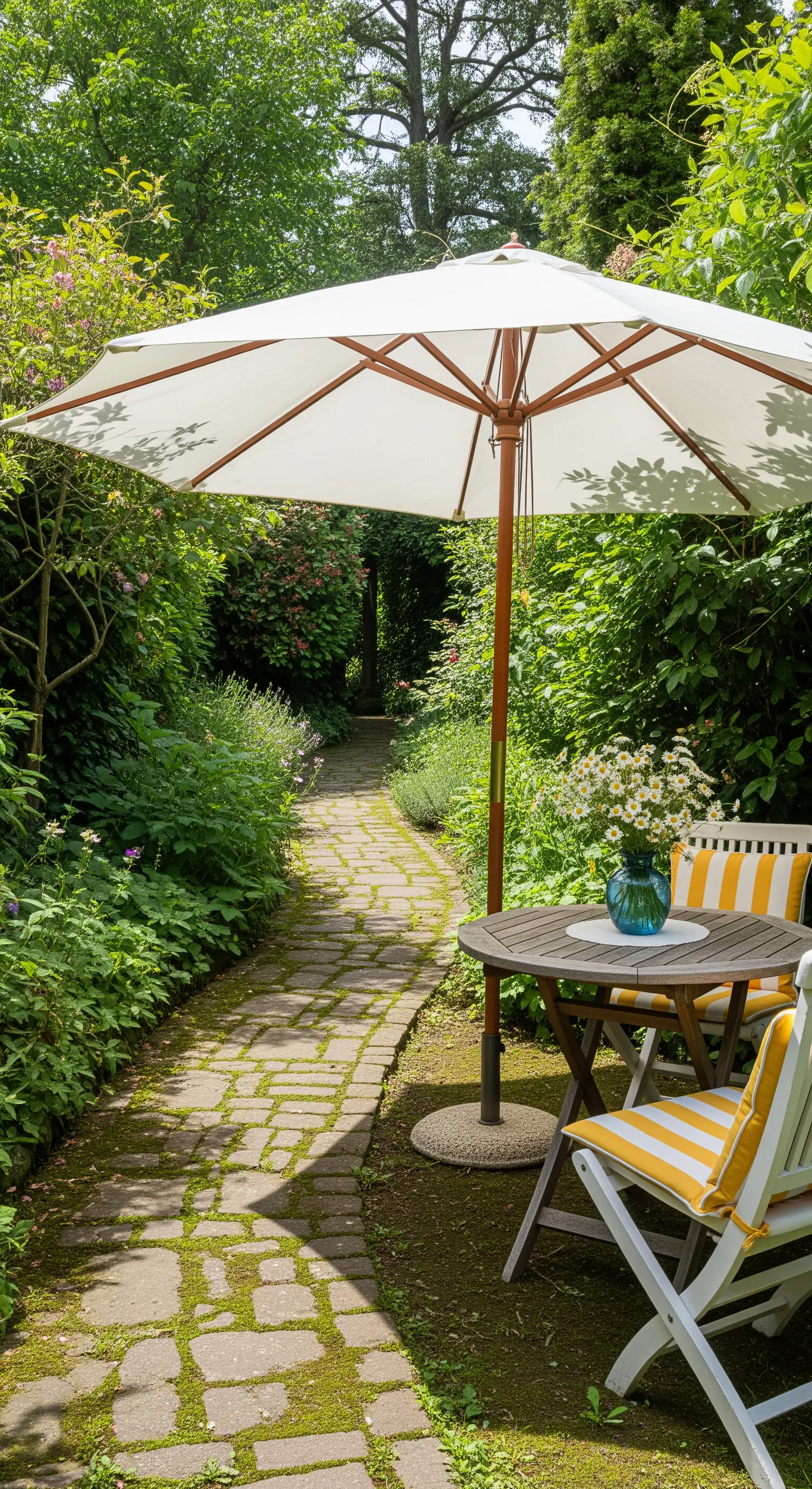 Weißer Sonnenschirm über Holztisch im grünen Garten