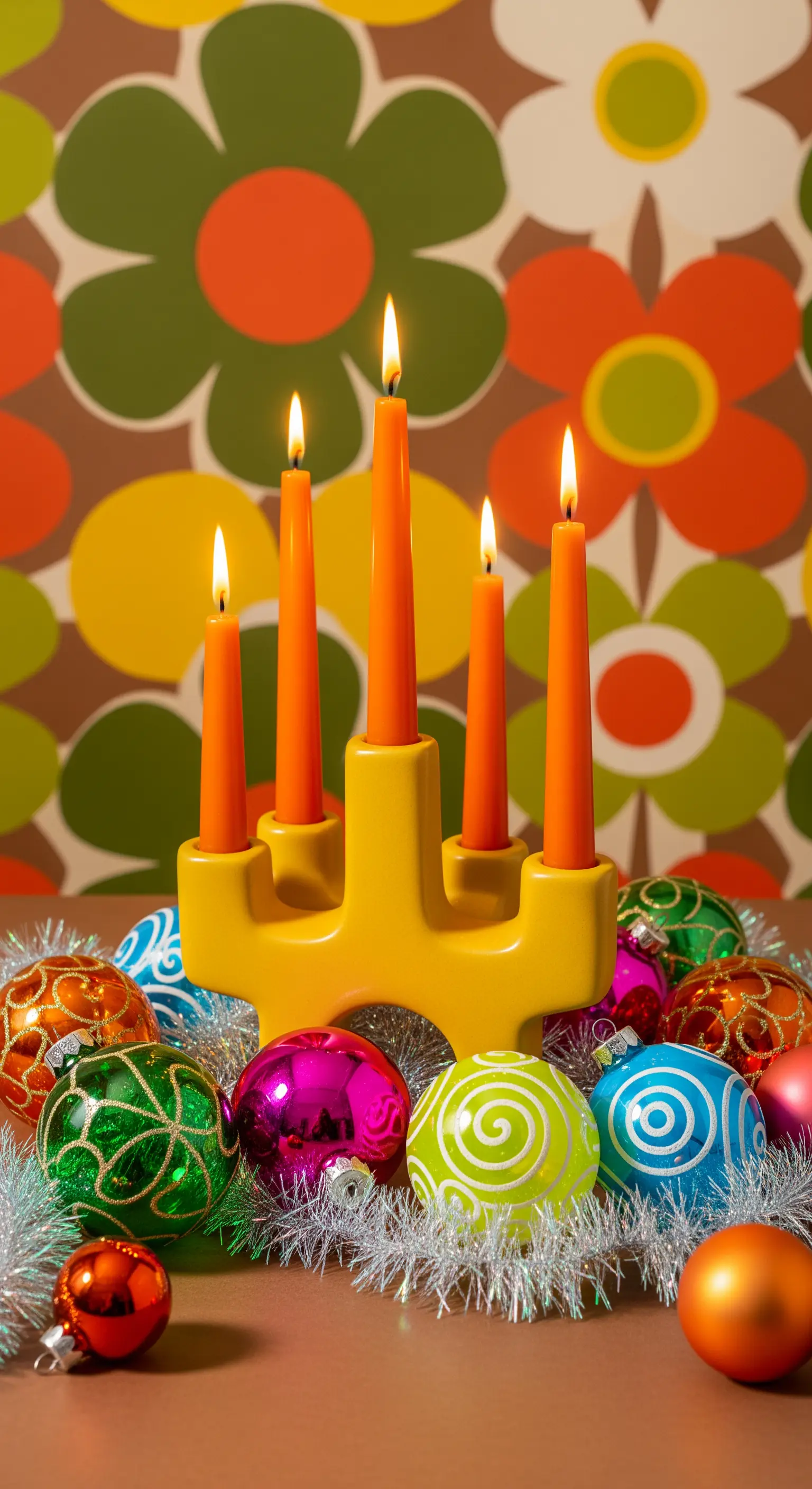 Ilex-Kranz mit roten Beeren und rot-weiß gestreiften Zuckerstangen-Kerzen