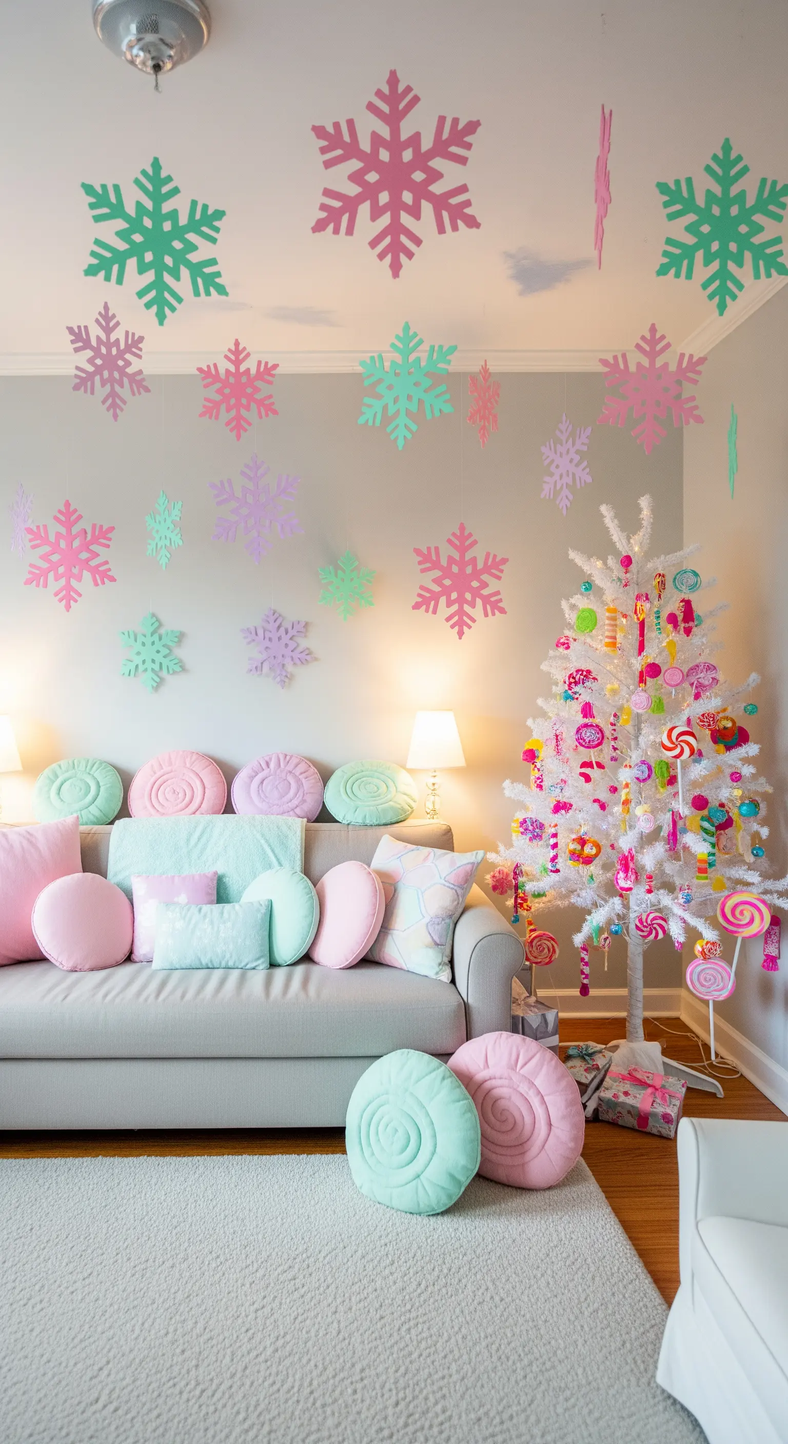 Kinderzimmer mit weißem Baum und bunter Deko