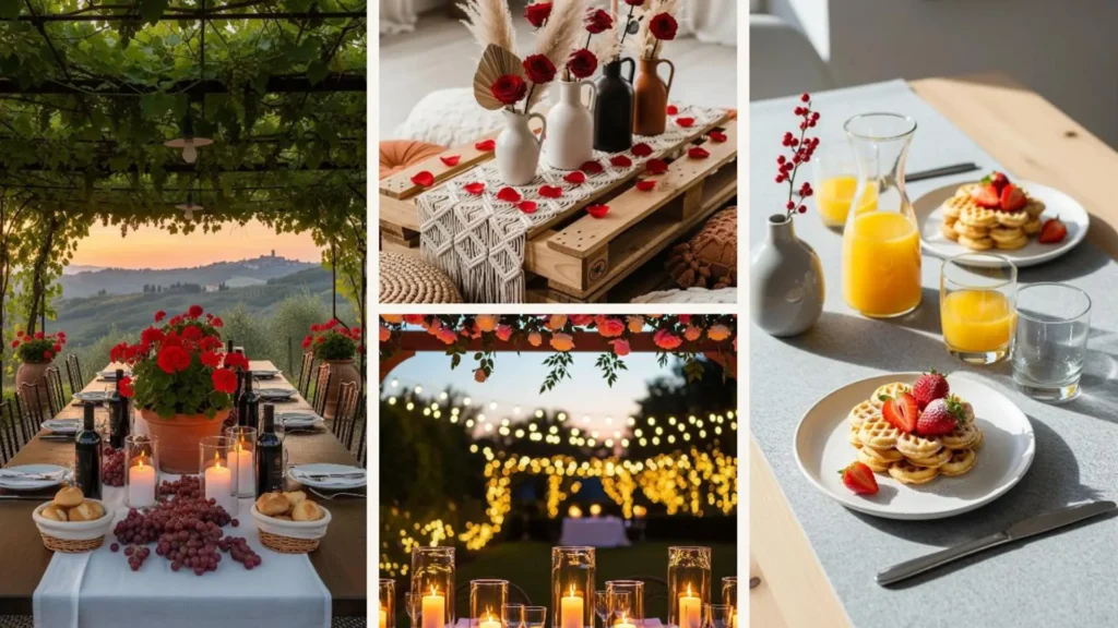 Elegante Valentinstag Tischdeko mit roten Blumen und Kerzen, schafft eine unglaublich romantische Atmosphäre.