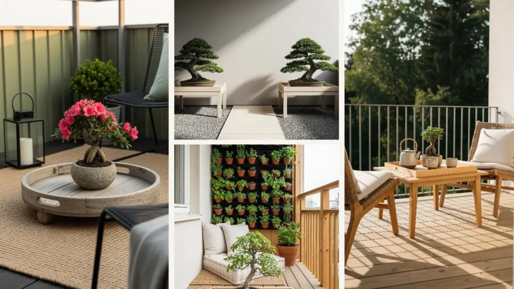 Japandi-Deko für Mini-Balkon: Blühender Bonsai auf einem runden Holztablett für eine entspannte Atmosphäre.