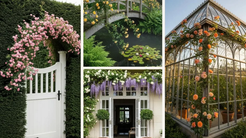 Idyllischer englischer Garten mit blühenden Kletterrosen an einem Tor und einem Gewächshaus, ein wahrer Rosentraum.