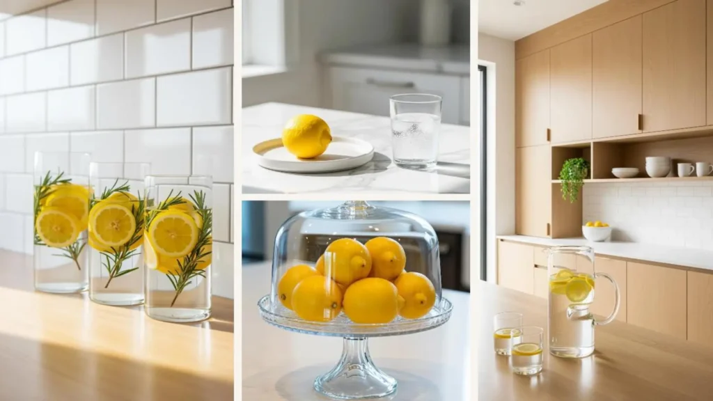 Cleanen Sommer-Look mit minimalistischer Zitronen-Deko: frisches Zitronenwasser & Zitronen unter Kuchenhaube als Highlight.