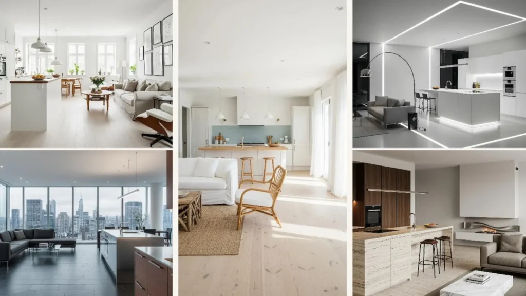 Collage von fünf offenen Wohnküchen, die minimalistisch und ohne visuelles Chaos gestaltet sind.