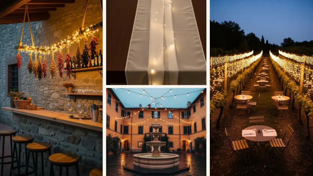 Romantischer italienischer Weinberg bei Abend mit Tischen und Stühlen, festlich beleuchtet mit Lichterketten für gemütliche Stunden.