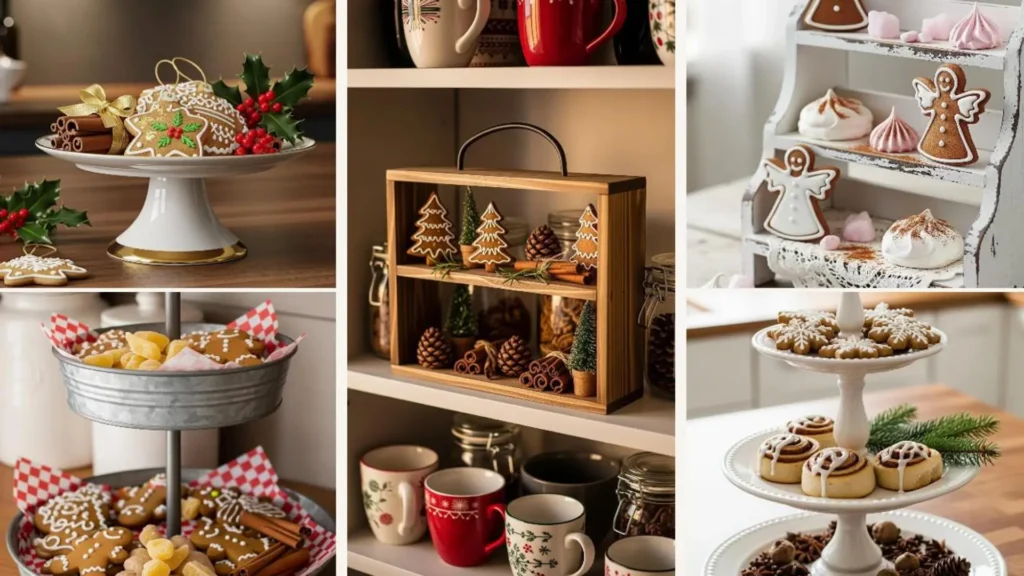 Collage mit weihnachtlichen Etagere-Ideen für die Küche, dekoriert mit Lebkuchen und Zimt.