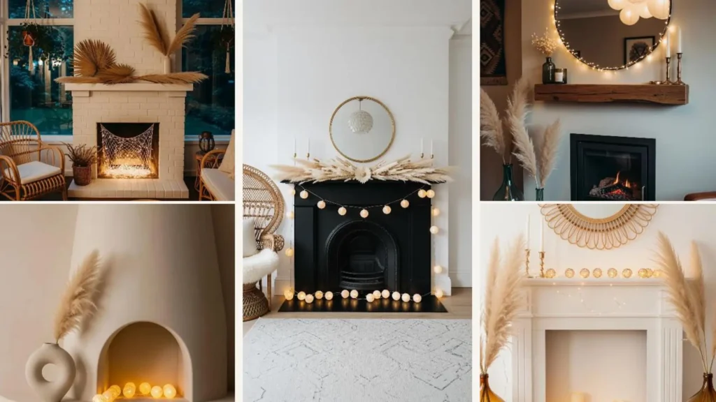 Boho Chic Kaminumrandung dekoriert mit Pampasgras und Lichterketten für gemütliche Sommernächte.