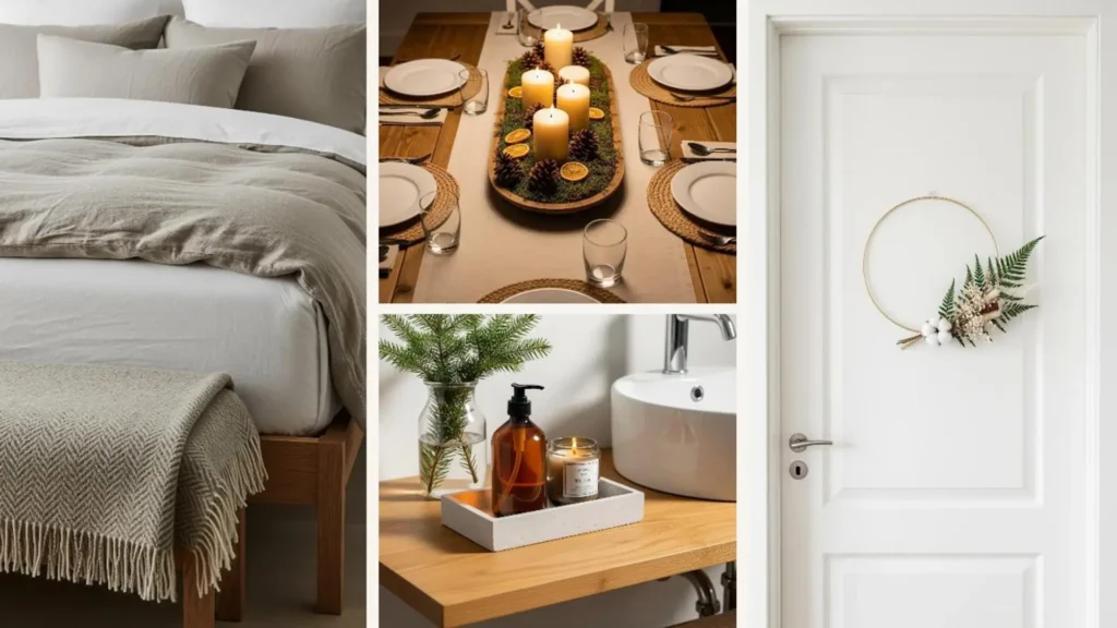 Winterliche Naturdeko für ein gemütliches Zuhause: Schlafzimmer, Esstisch mit Kerzen und natürliche Akzente im Bad.