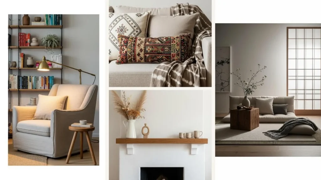 Elegante Boho-Wohnzimmer-Ideen: Collage mit minimalistischem Interieur in sanften Erdtönen.