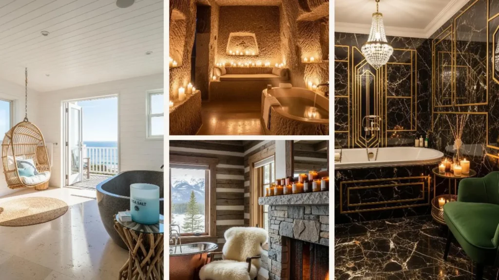 Collage mit vier exklusiven Badezimmern als Wellness-Ecken, dekoriert mit Duftkerzen für ein Gefühl der Ruhe.