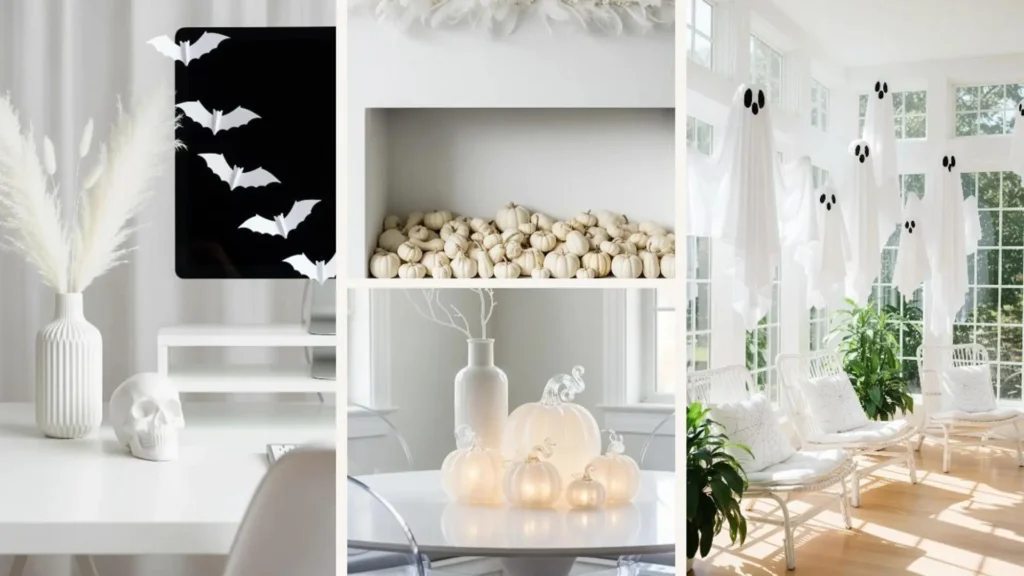 Weiße Halloween-Deko im minimalistischen Stil für helle Wohnungen mit Kürbissen, Geistern und Fledermäusen.