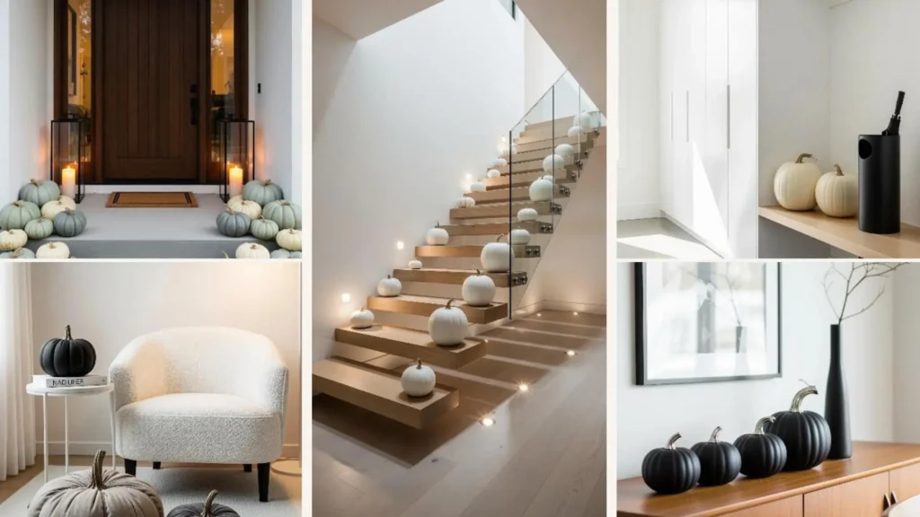 Moderne Halloween-Deko im Minimal-Stil mit stilvollen weißen, schwarzen und grauen Kürbissen auf Treppen und Regalen.