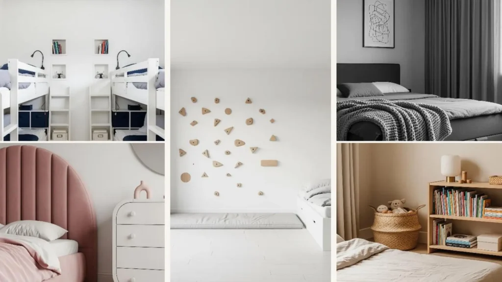 Collage mit Ideen für minimalistische Kinderzimmer, die Ordnung und Stil ohne Spielzeug-Chaos zeigen.