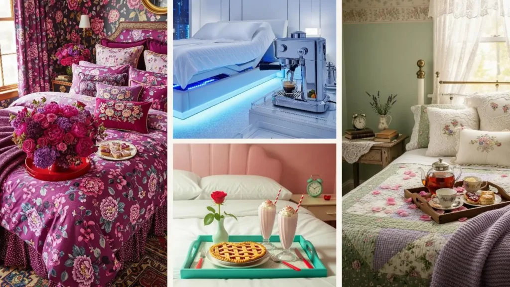 Ein liebevoll dekoriertes Bett mit einem romantischen Frühstück auf einem Tablett, Blumen und Details für den Valentinsmorgen.