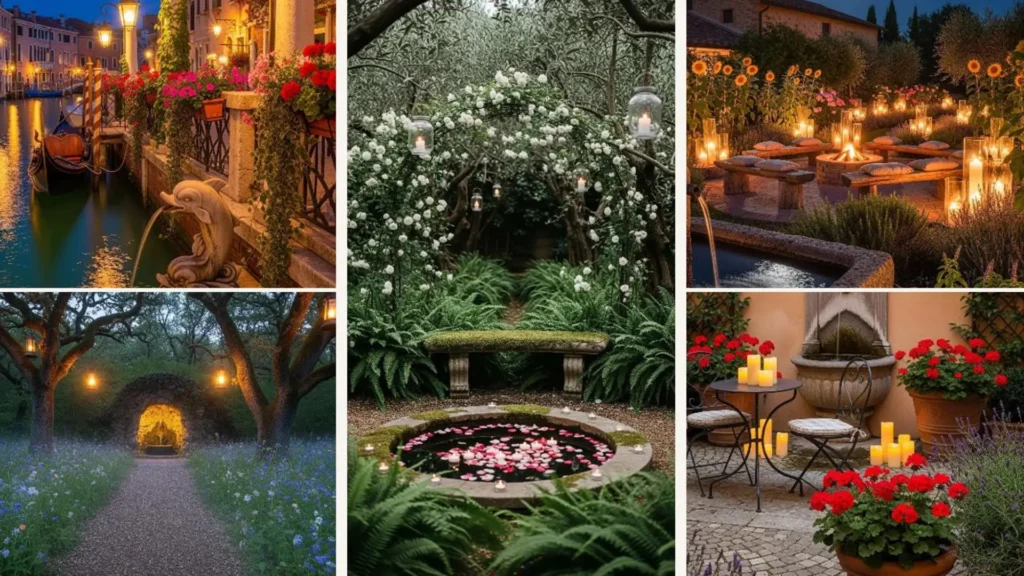 Romantische italienische Gartenideen mit leuchtenden Kerzen, schönen Blumen und einem Brunnen für eine märchenhafte Atmosphäre.