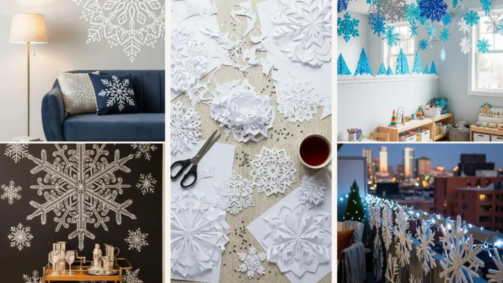 Vielfältige DIY Winterdeko-Ideen mit Schneeflocken: von Kissen bis zur Balkonbeleuchtung für gemütliche Stimmung.