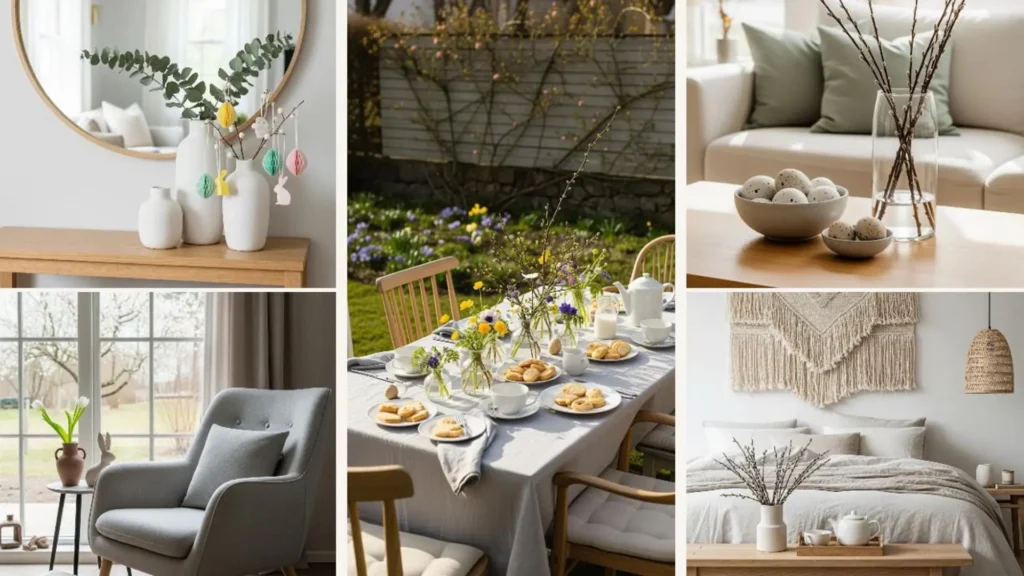 Oster-Wohnideen im skandinavischen Stil: Frühlings-Looks in Naturtönen mit Ästen, Eiern und festlich gedecktem Tisch.