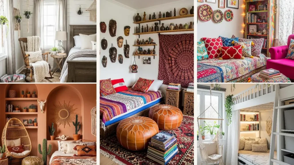 Collage mit verträumten Boho-Schlafzimmer-Ideen und gemütlichen Leseecken für Leseratten.