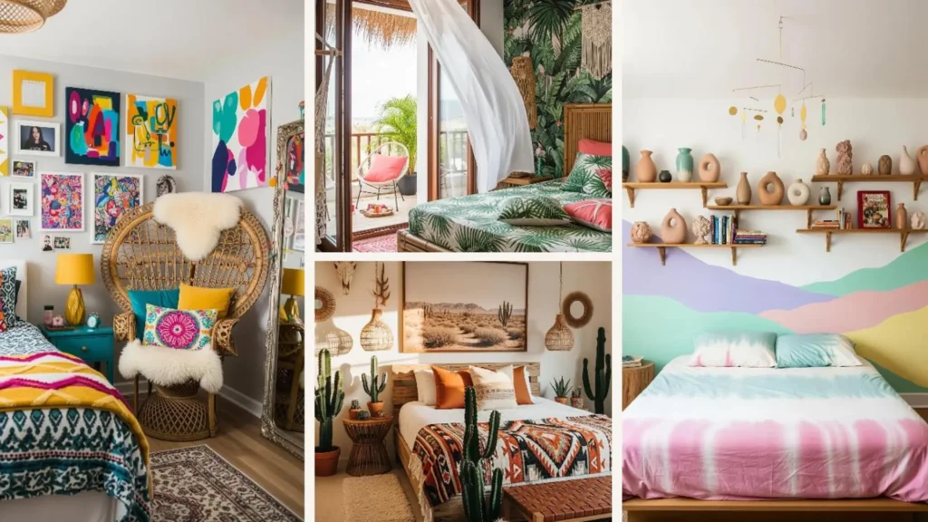 Collage mit vier liebevoll eingerichteten Boho-Schlafzimmern als Ideen zum Valentinstag.