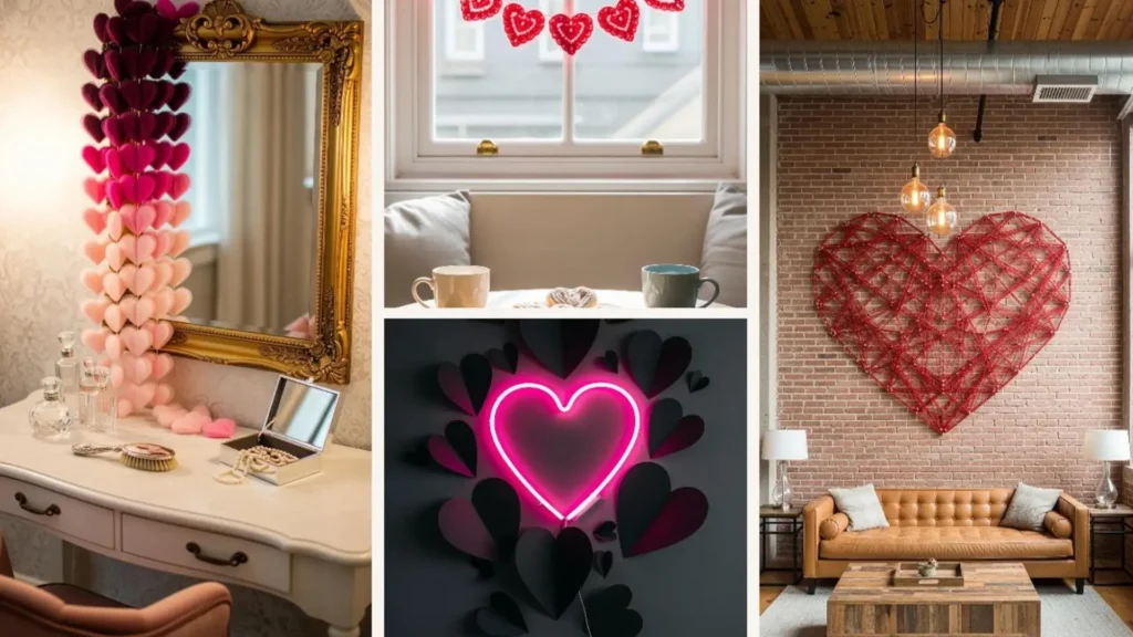 DIY Herz-Girlanden & Wanddeko-Ideen, die Räume verzaubern: Rosa Herz-Girlande am Spiegel, leuchtendes Neonherz, kreative Wandkunst.