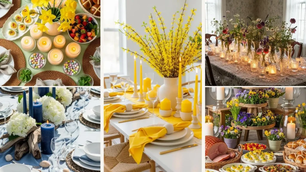 Einfache Ostertischdeko-Ideen: Festliche Tische mit Kerzenlicht und frischen Blumen für Ostern.