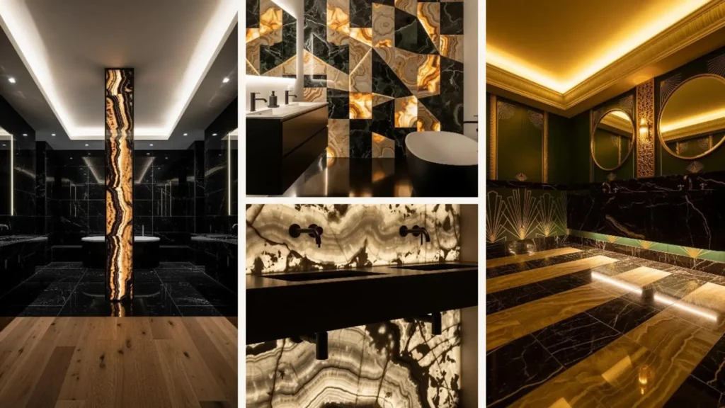 Vier elegante Badezimmer aus Onyxstein mit indirekter Wellnessbeleuchtung als luxuriöse Design-Inspiration.