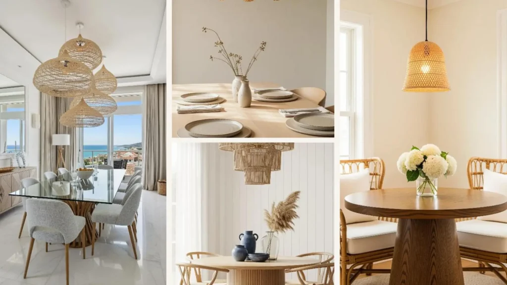 Elegantes Esszimmer mit Rattan-Leuchten, Holz-Texturen und Beachhouse-Charme.
