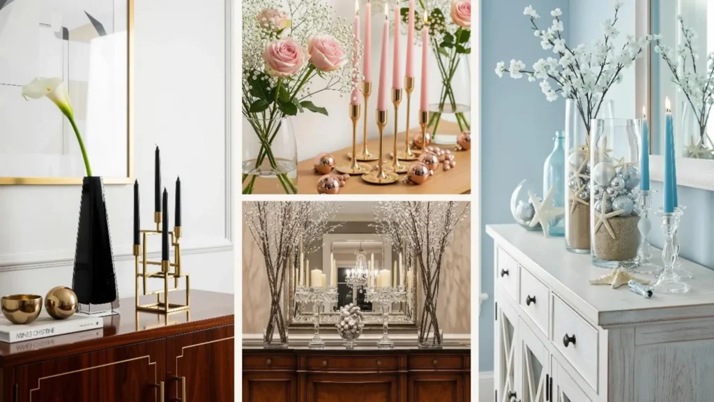 Elegante Weihnachtsdeko auf Sideboards mit brennenden Kerzen und stilvollen Glasvasen.