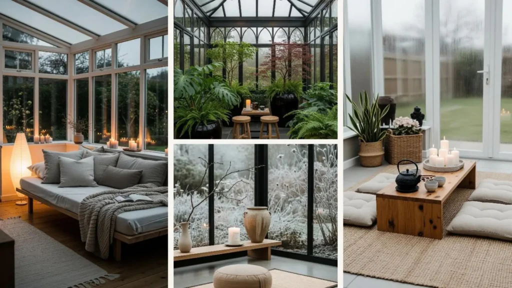 Gemütlicher Wintergarten im Japandi-Stil mit Kerzen, Kissen & Decken aus Naturtextilien für eine entspannte Atmosphäre.