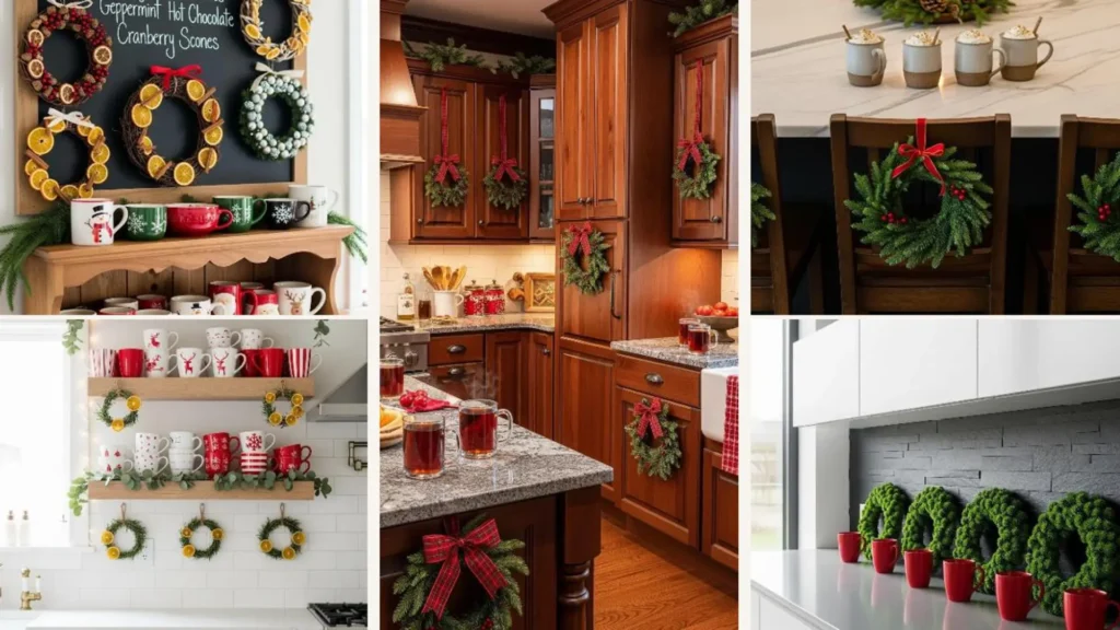 Gemütliche Weihnachtsküche mit festlich dekorierten Tassen und Mini-Kränzen als Kuchendeko-Ideen.