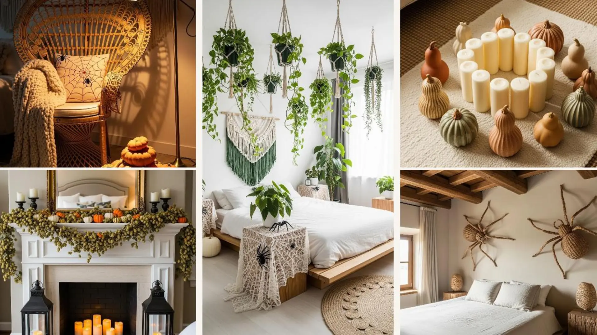 Gemütliches Schlafzimmer im Boho-Chic-Stil mit Halloween-Deko wie Spinnen, Kürbissen und Kerzen, für eine stimmungsvolle Atmosphäre.