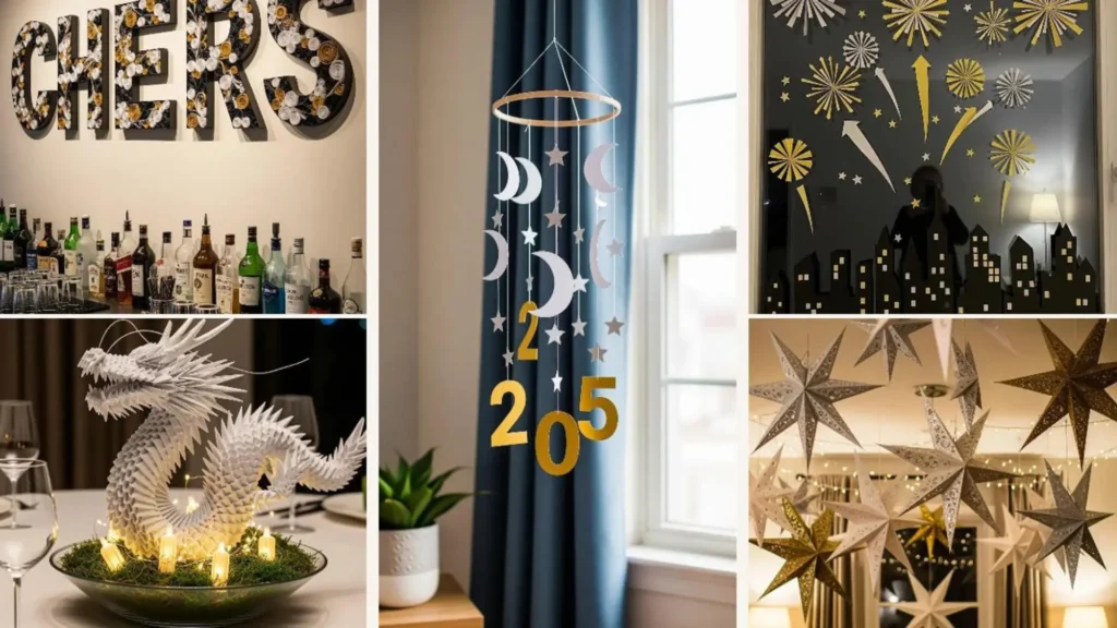 DIY Neujahrsdeko mit Papier: Festliche Sterne, Fensterbilder und ein kreativer Drache als Blickfang.
