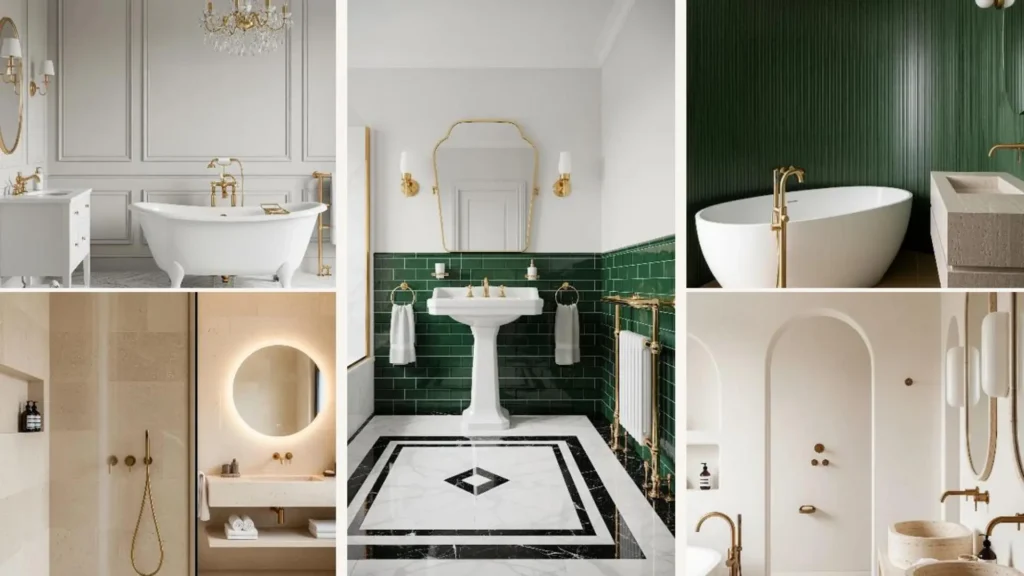 Collage luxuriöser Badezimmer mit goldenen Armaturen als Inspiration für ruhigen Glamour und elegantes Design.