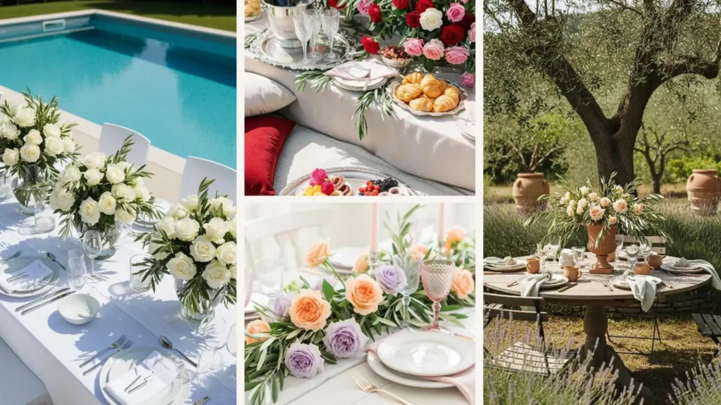 Luxuriöse italienische Tischdeko-Ideen mit Rosen und Olivenzweigen für eine elegante Verlobungsfeier im Freien.