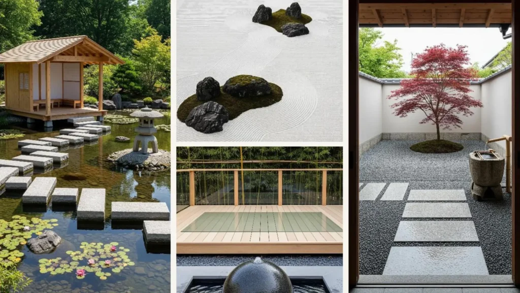 Luxuriöse Japandi-Gartenideen mit Steinwegen, Wasser und Zen-Design für ruhige Wellnessgärten.