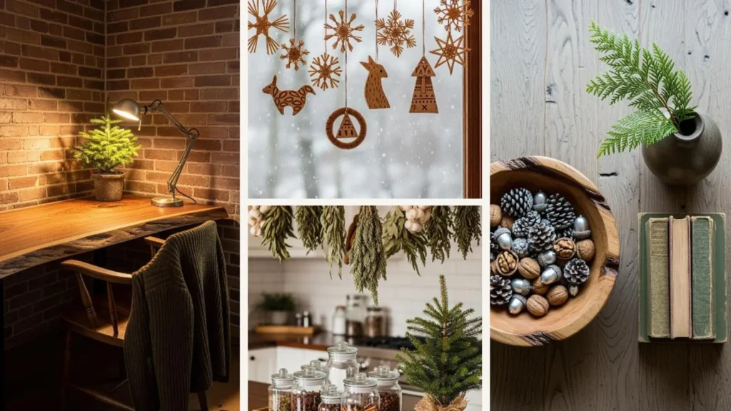 Rustikale Winter-Wohnideen mit Naturmaterialien: Kiefernzapfen, Nüsse, Holzdeko & grüne Pflanzen für gemütliche Atmosphäre.