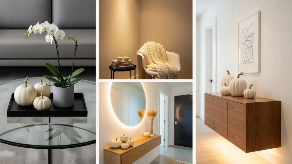 Verschiedene minimalistische Herbst-Looks für moderne Wohnungen mit weißen Kürbissen.