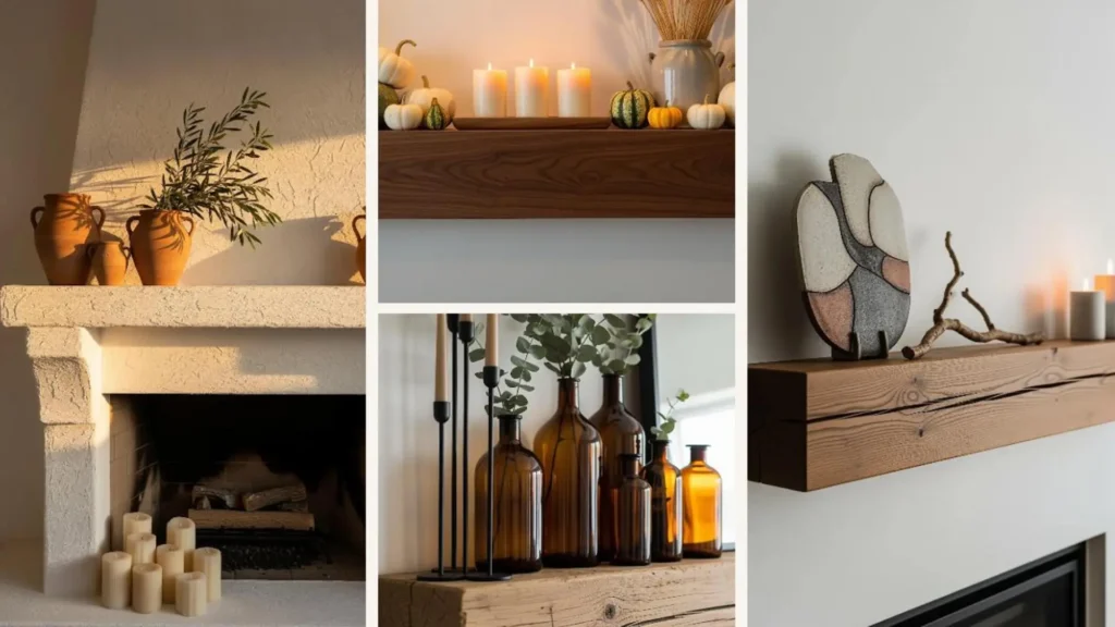Moderne Kaminumrandung Deko-Ideen für jede Jahreszeit: Collage mit Kerzen und Dekoration in neutralen Farben.