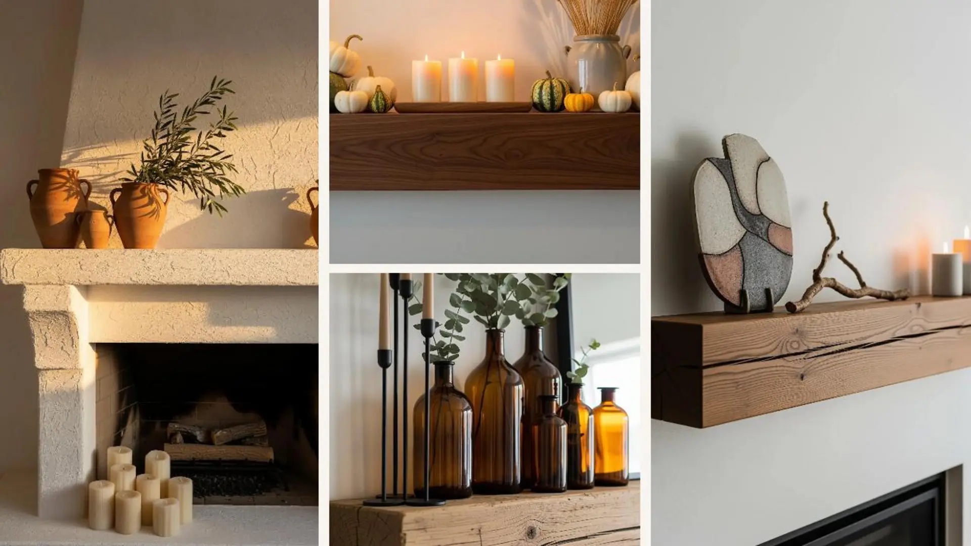 Moderne Kaminumrandung Deko-Ideen für jede Jahreszeit: Collage mit Kerzen und Dekoration in neutralen Farben.