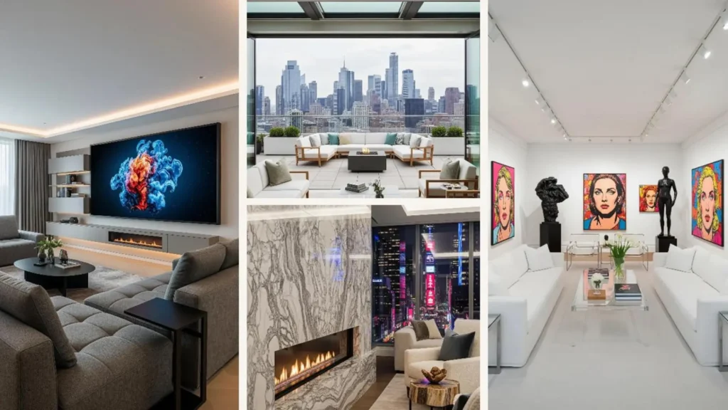 Ein modernes Luxus-Wohnzimmer im New York Penthouse-Look mit Kamin, Kunst und Skyline-Blick.