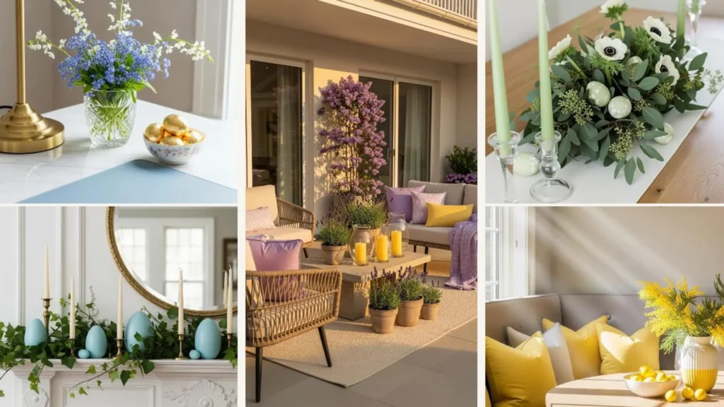 Moderne Oster-Frühlingsdeko im ganzen Zuhause: Pastellfarbene Blumenarrangements, Eier und Kerzen in stilvollen Farbschemata.