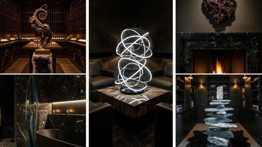 Eine Collage zeigt moderne Räume mit ausdrucksstarken Kunstskulpturen als Mittelpunkt.