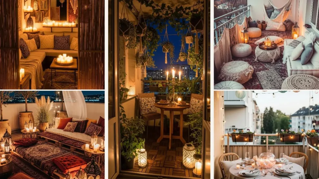Collage mit romantischen Boho-Balkon-Ideen bei Kerzenlicht für ein gemütliches Date zuhause.