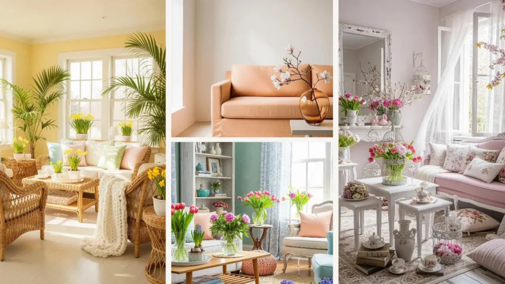 Romantisches Frühlings-Wohnzimmer in Pastellfarben mit Blumen, bequemen Sofas und Magazin-Flair.