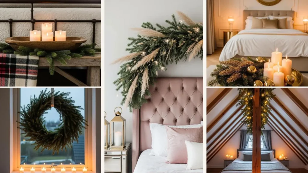 Romantisches Schlafzimmer mit festlicher Weihnachtsdeko: stimmungsvoller Kerzenschein & grüne Tannenzweige für eine gemütliche Atmosphäre.