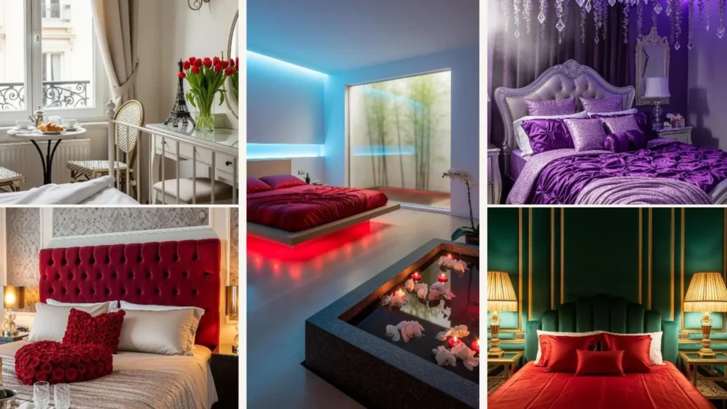 Atemberaubende romantische Valentinstag Schlafzimmer-Dekoideen, inklusive roter Betten und Kerzen, für sofortigen Funkenschlag.