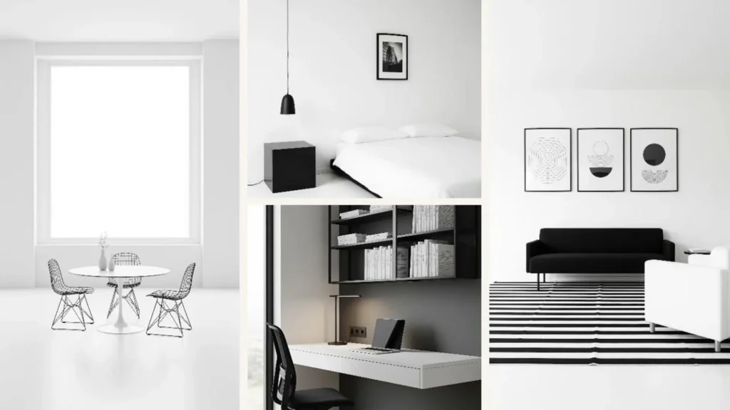 Collage von schwarz-weißen Wohnungen im minimalistischen, monochromen Stil mit modernen Möbeln.