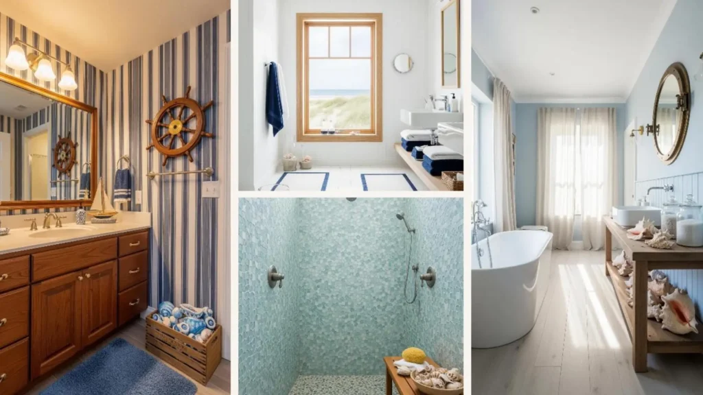 Maritimes Badezimmer-Makeover mit Muscheln, Holzmöbeln und sanften Blautönen. Eine entspannende Sommeratmosphäre.