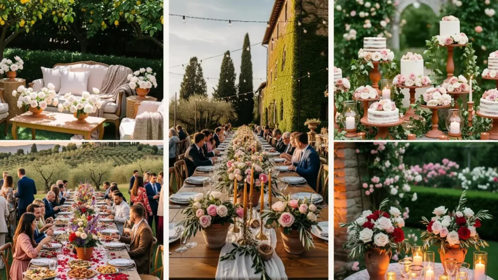 Stilvolle italienische Outdoor-Hochzeitsdeko mit Terrakotta-Vasen, rosa Rosen und festlich gedeckten Tischen im Garten.