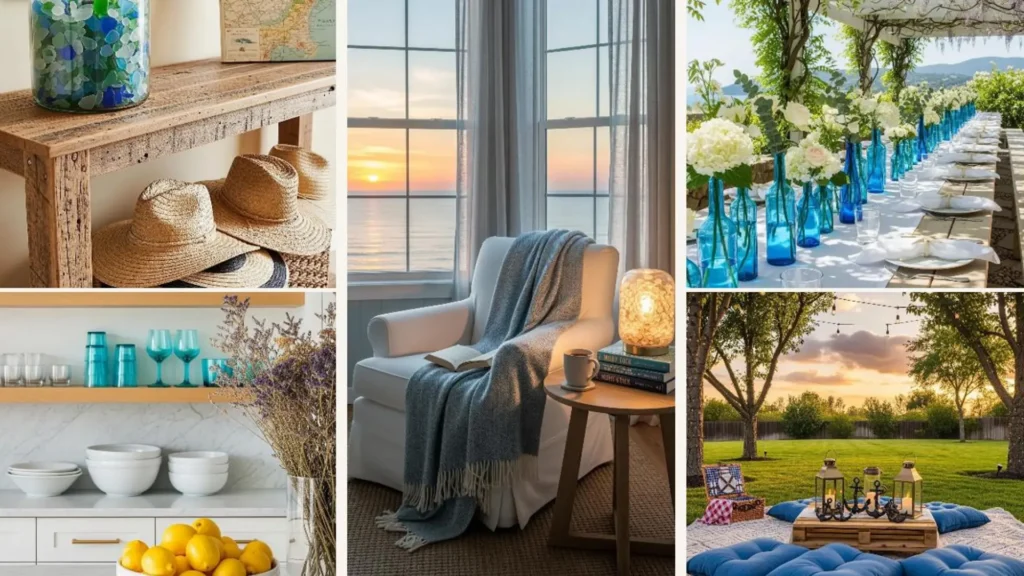 Strand-inspirierte Sommerdeko-Ideen für ein entspanntes Wochenende zuhause, mit gemütlichen Sitzgelegenheiten, Meerblick und Lichtern.